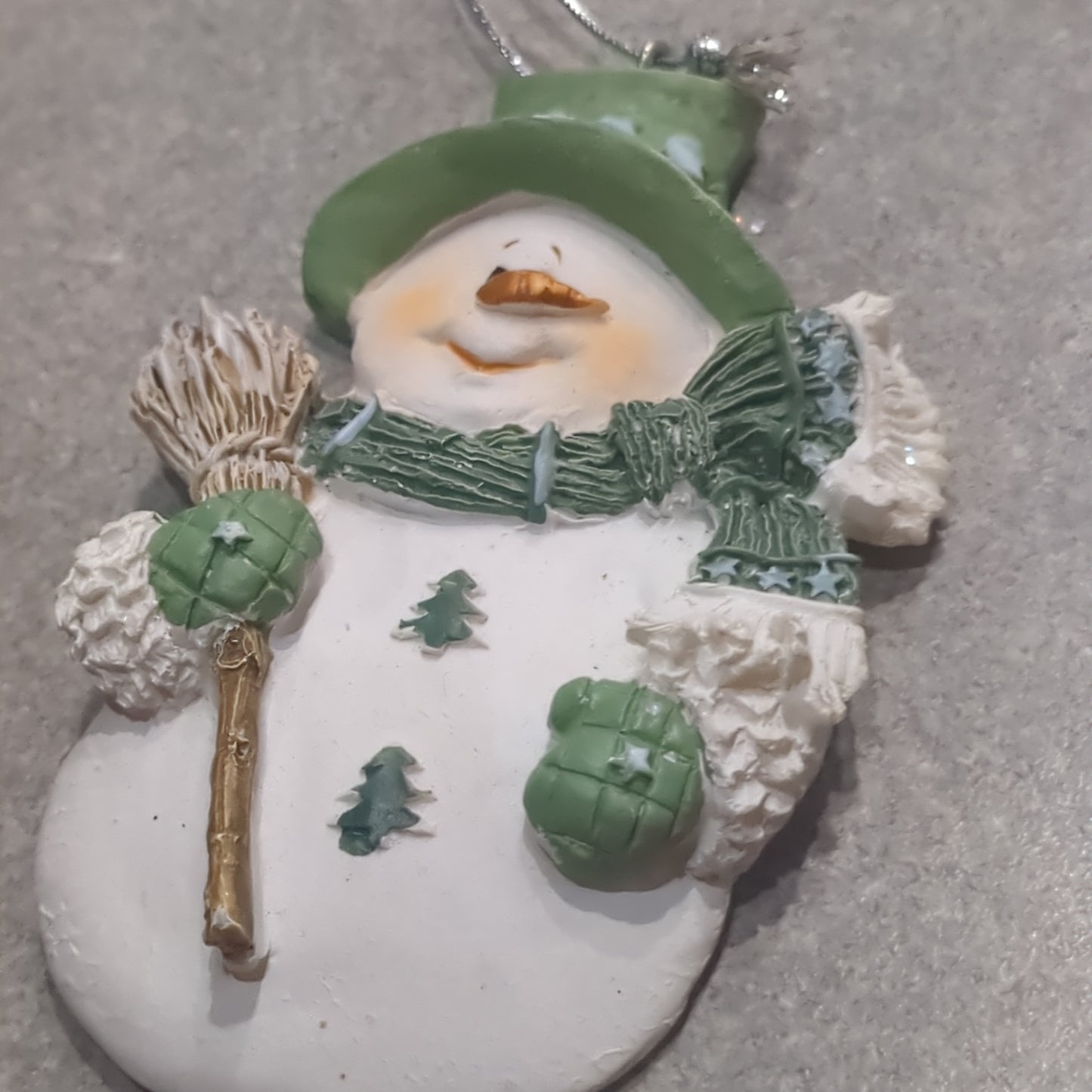 Polyacrylic snowman ornament with a broom - green CLEARANCE og2