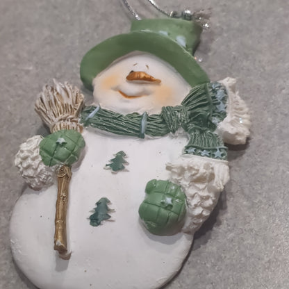 Polyacrylic snowman ornament with a broom - green CLEARANCE og2
