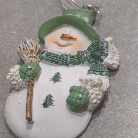 Polyacrylic snowman ornament with a broom - green CLEARANCE og2