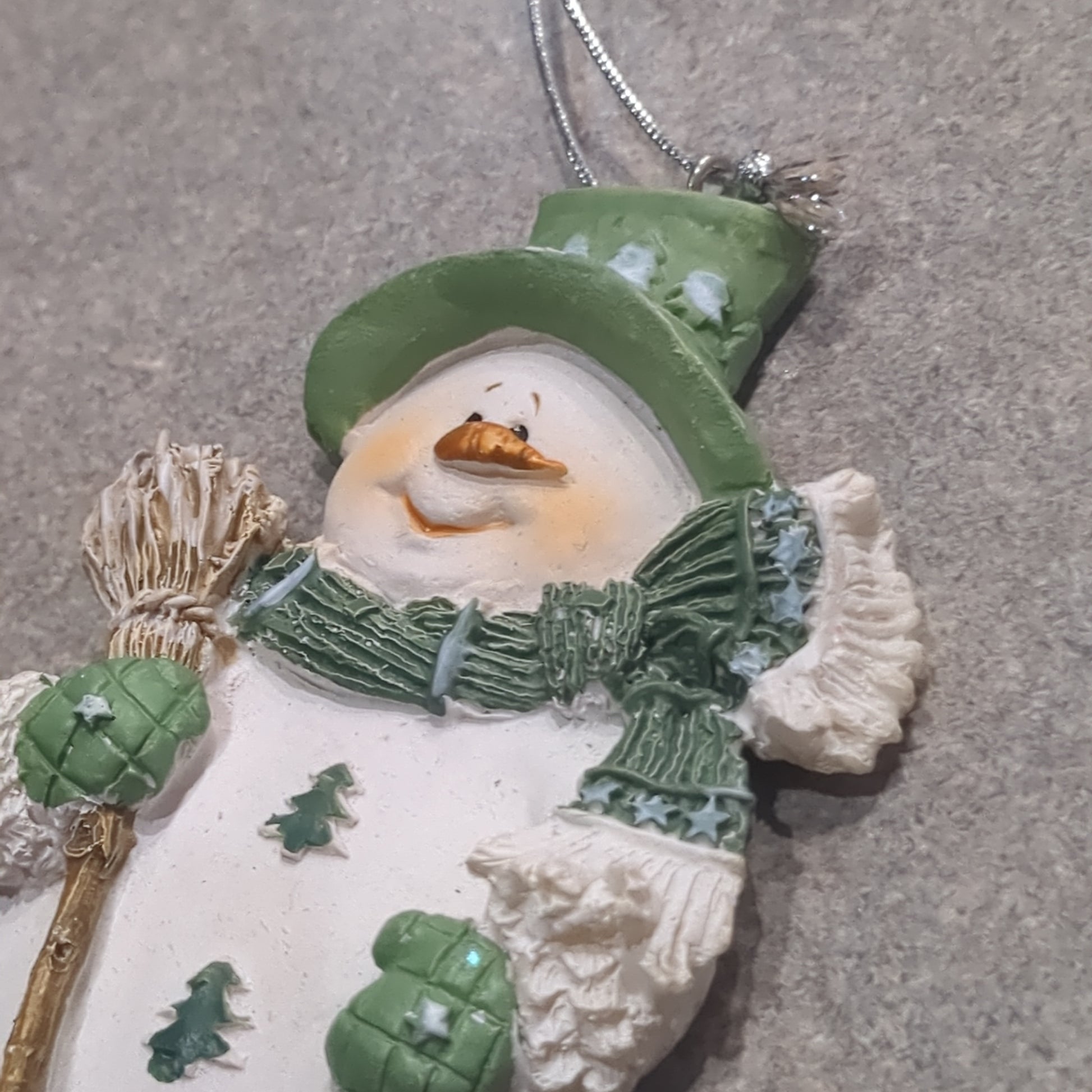 Polyacrylic snowman ornament with a broom - green CLEARANCE og2