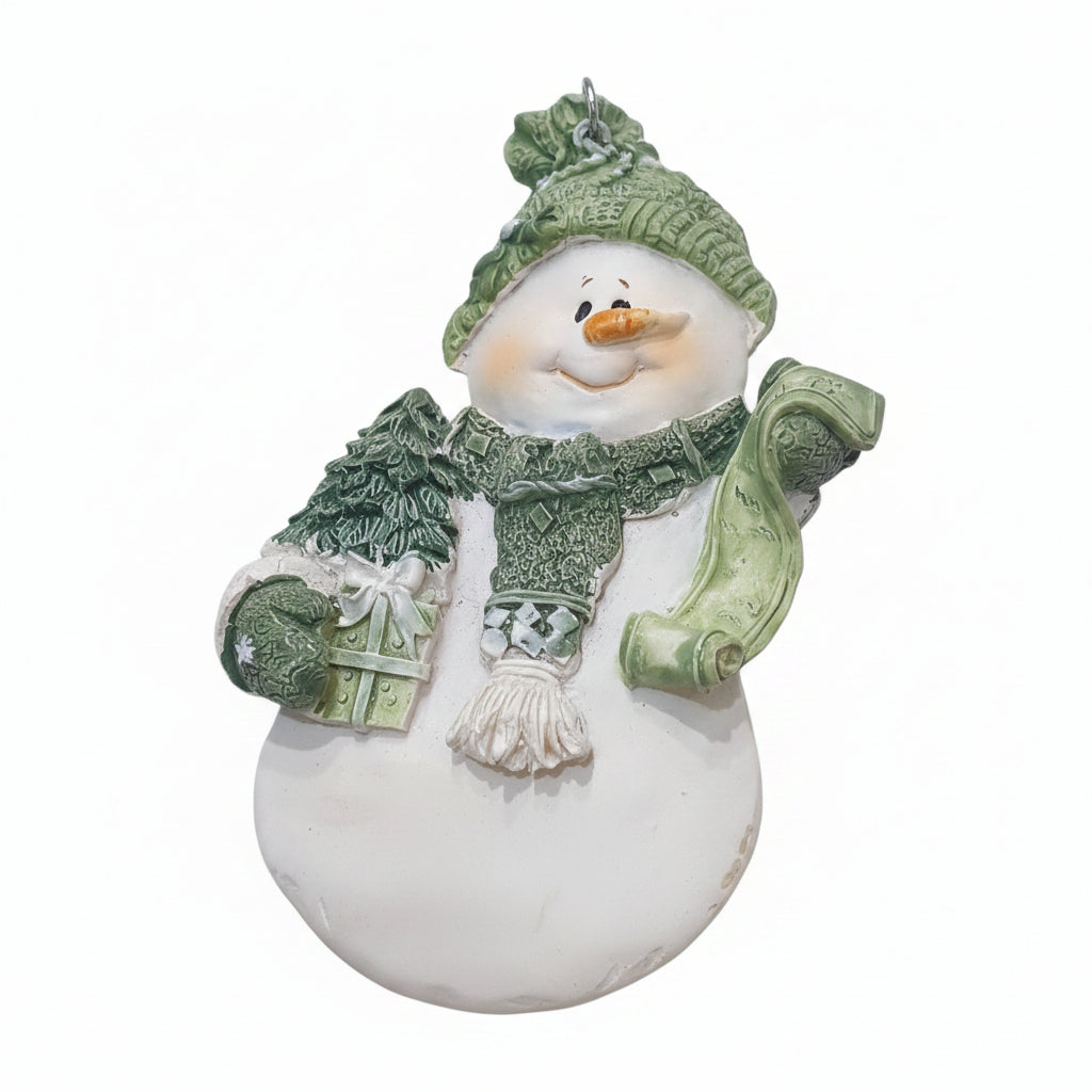 Polyacrylic snowman ornament with a scroll and gift - green CLEARANCE og1