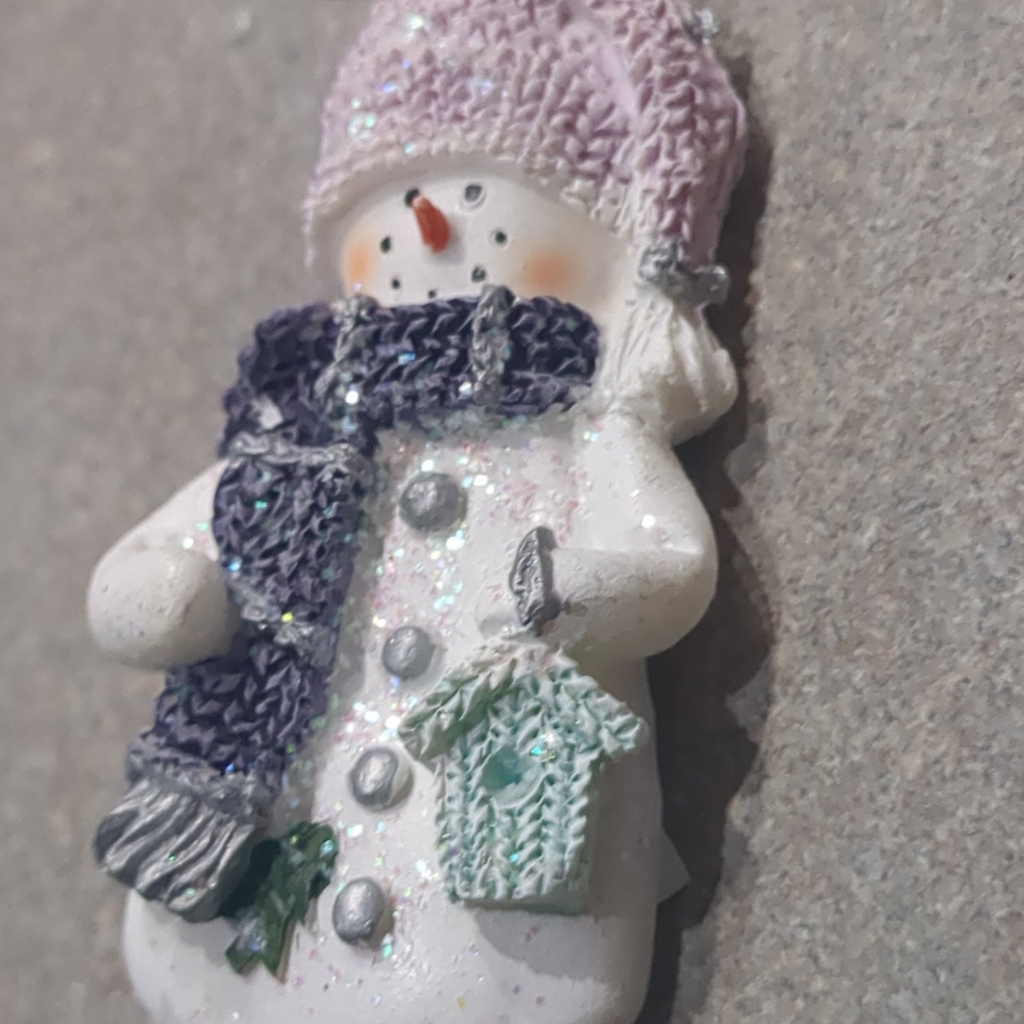 Polyacrylic snowman ornament with a birdhouse lilac and purple CLEARANCE OP4