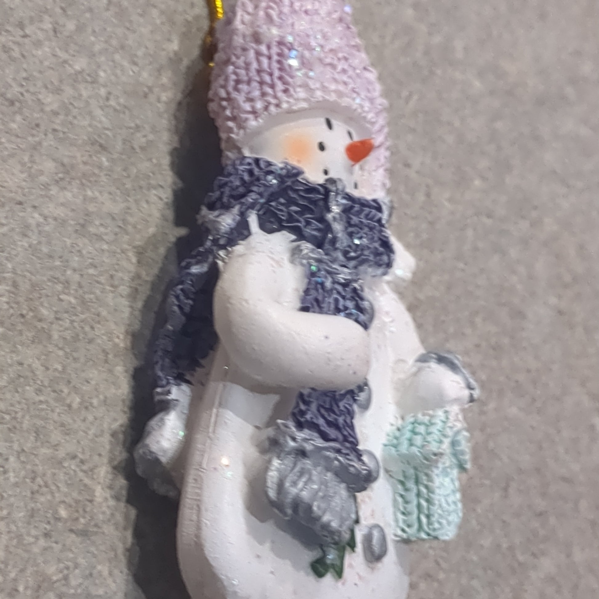 Polyacrylic snowman ornament with a birdhouse lilac and purple CLEARANCE OP4