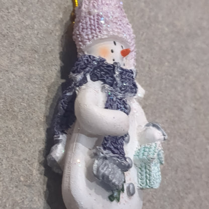 Polyacrylic snowman ornament with a birdhouse lilac and purple CLEARANCE OP4