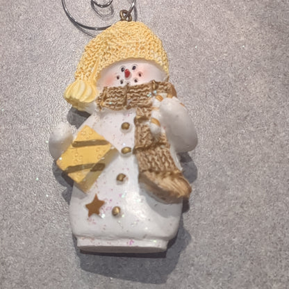 Polyacrylic snowman ornament with candy cane and gift yellow CLEARANCE OY3