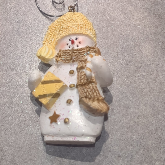 Polyacrylic snowman ornament with candy cane and gift yellow CLEARANCE OY3