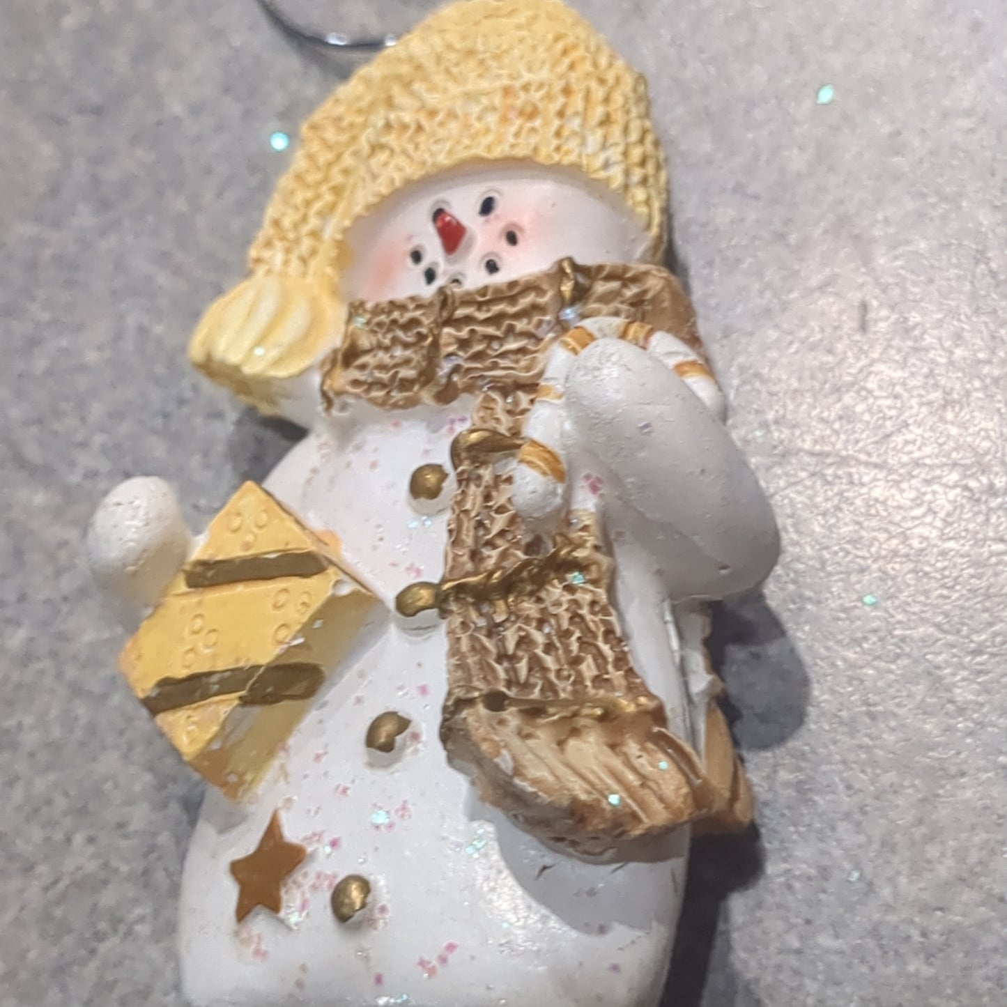 Polyacrylic snowman ornament with candy cane and gift yellow CLEARANCE OY3