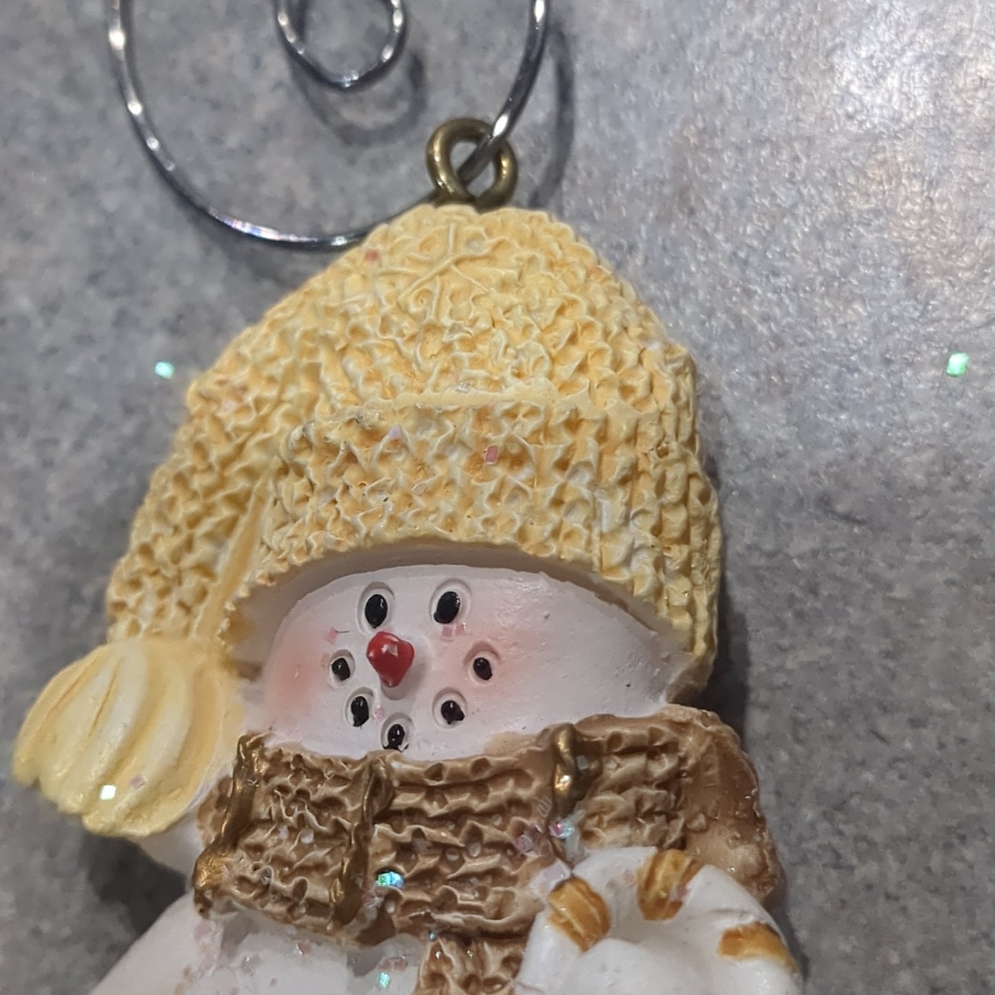 Polyacrylic snowman ornament with candy cane and gift yellow CLEARANCE OY3