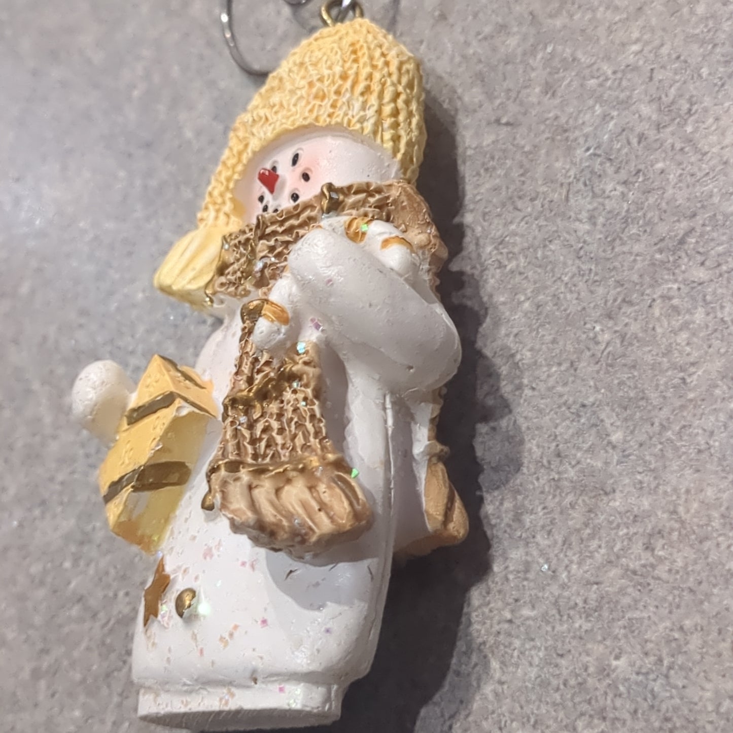 Polyacrylic snowman ornament with candy cane and gift yellow CLEARANCE OY3