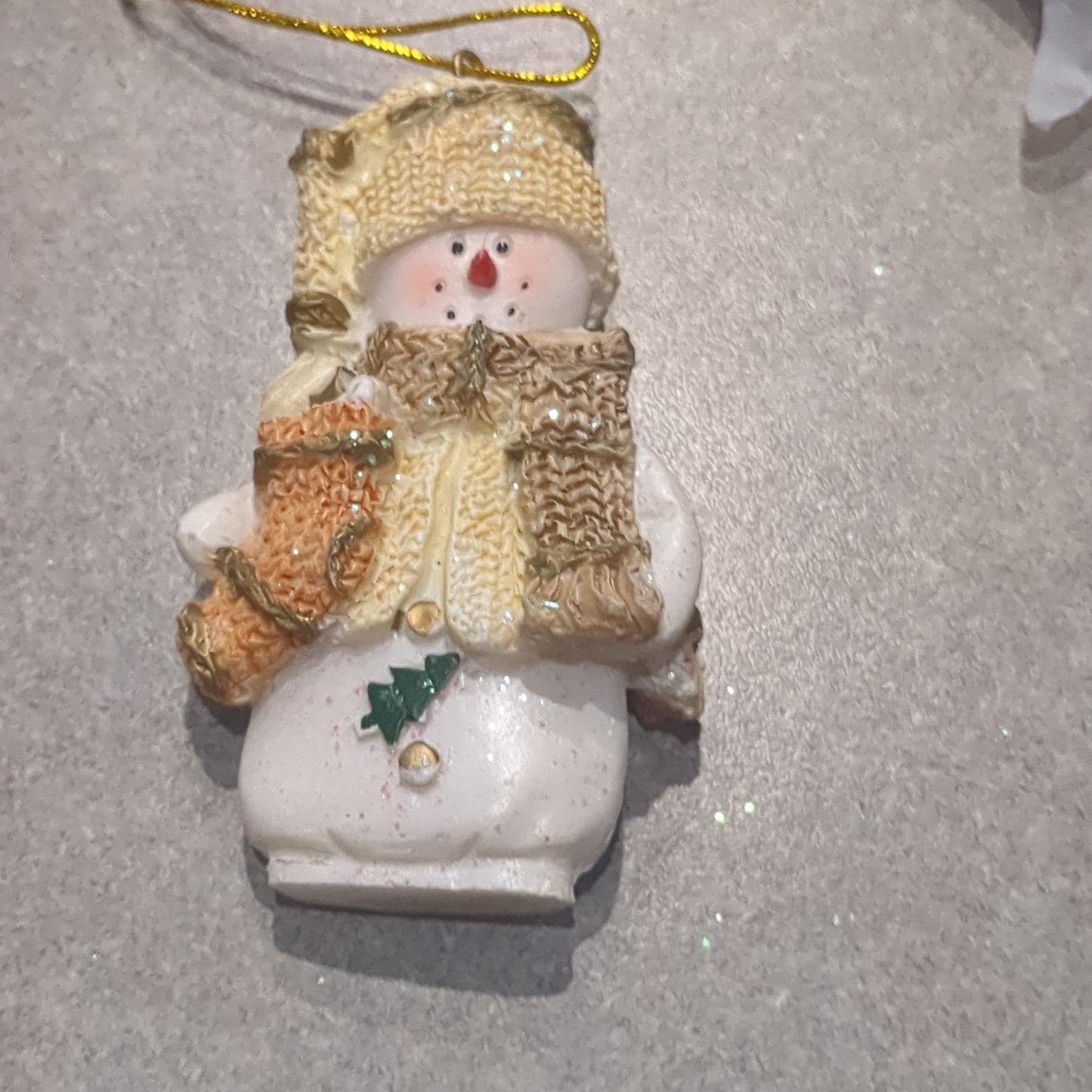 Polyacrylic snowman ornament with stocking yellow CLEARANCE OY2