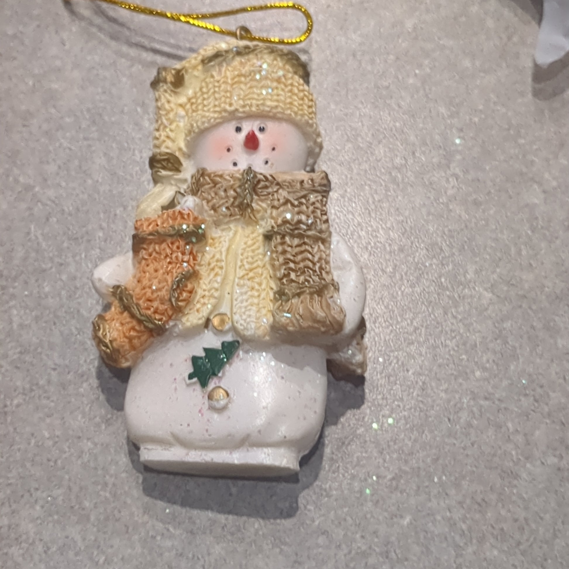Polyacrylic snowman ornament with stocking yellow CLEARANCE OY2