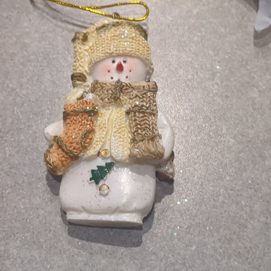 Polyacrylic snowman ornament with stocking yellow CLEARANCE OY2