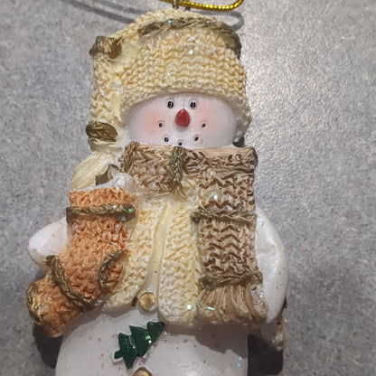 Polyacrylic snowman ornament with stocking yellow CLEARANCE OY2