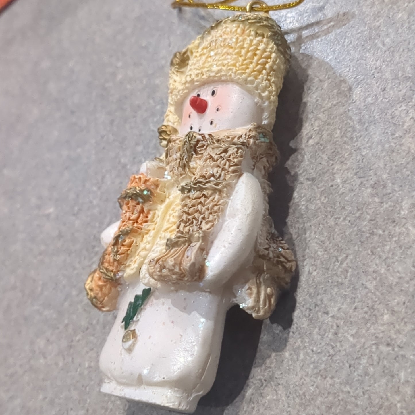 Polyacrylic snowman ornament with stocking yellow CLEARANCE OY2