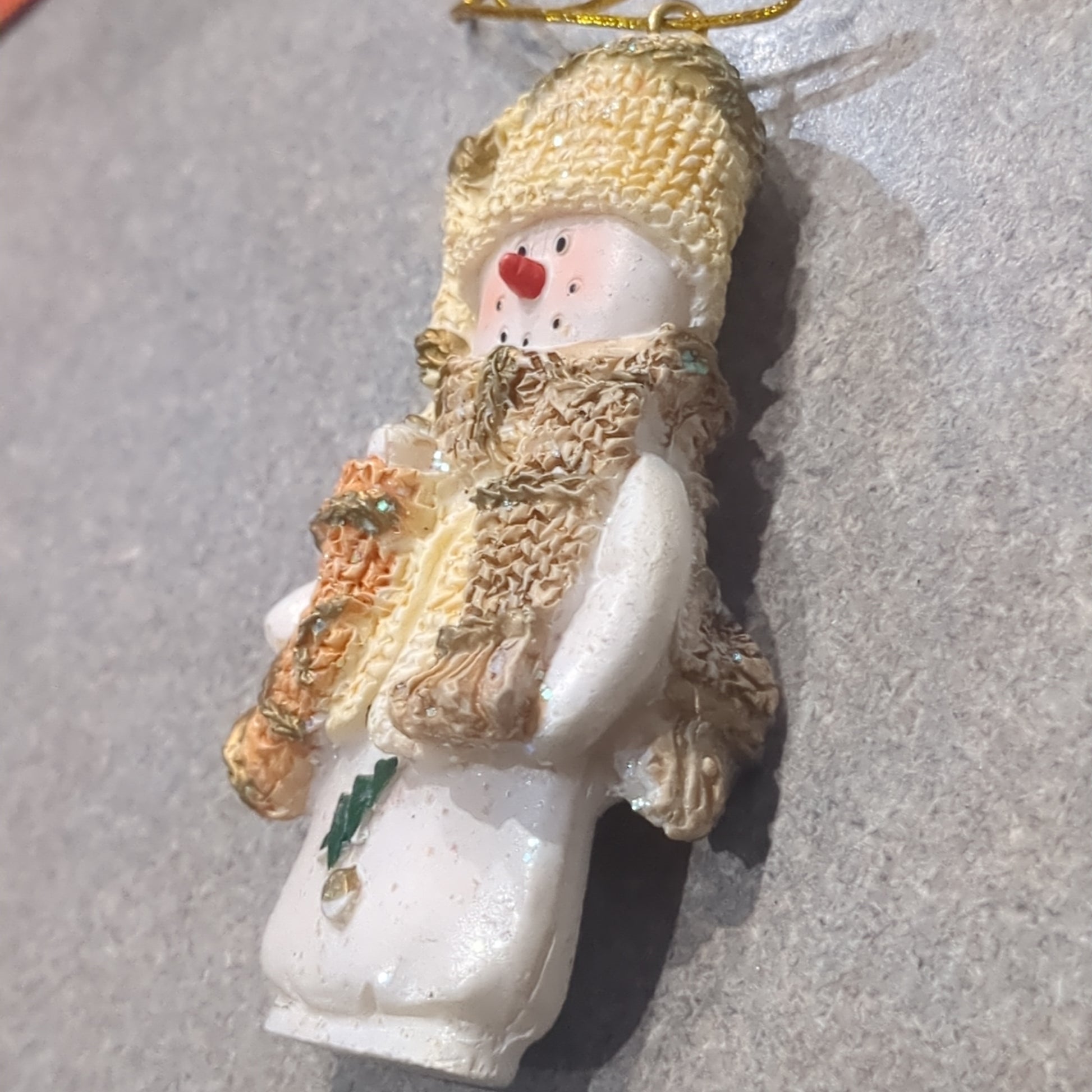 Polyacrylic snowman ornament with stocking yellow CLEARANCE OY2