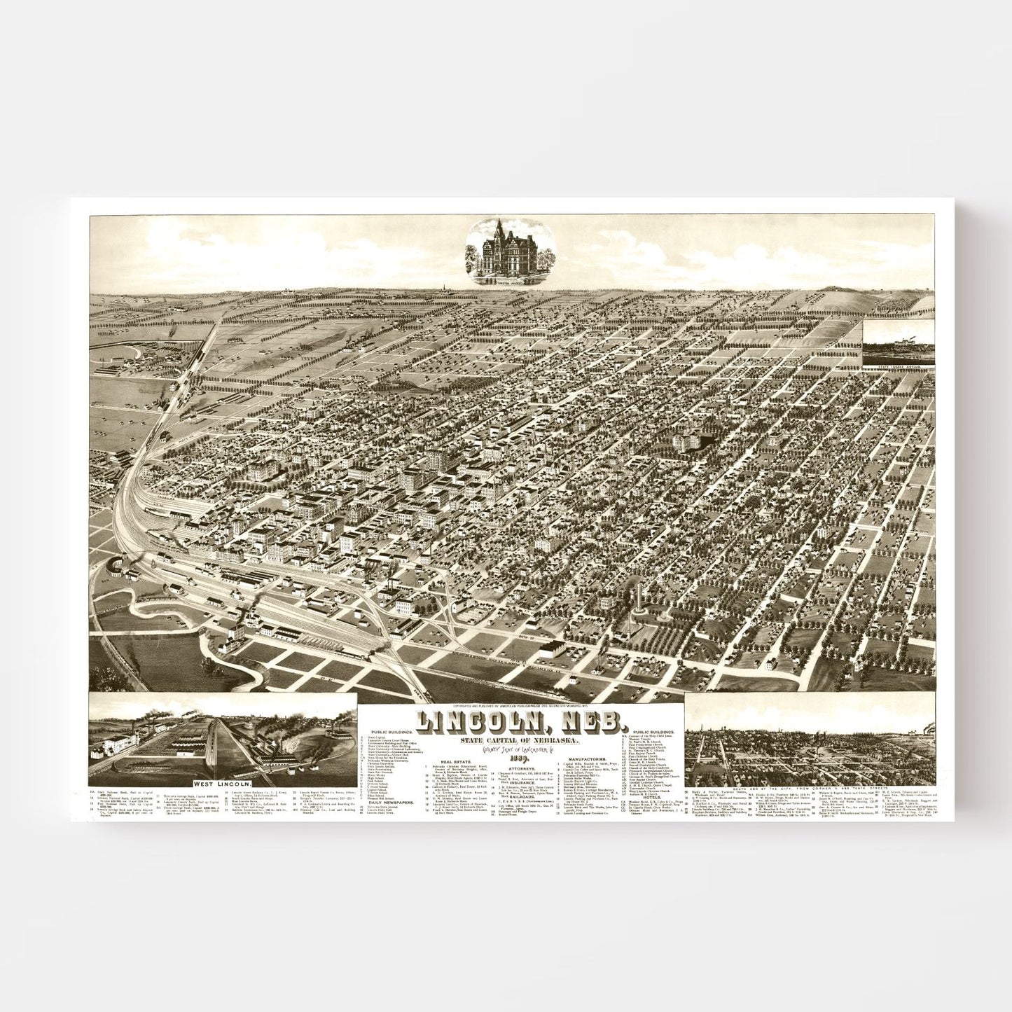Vintage Map of Lincoln, Nebraska 1889 -Not available at Minden location-