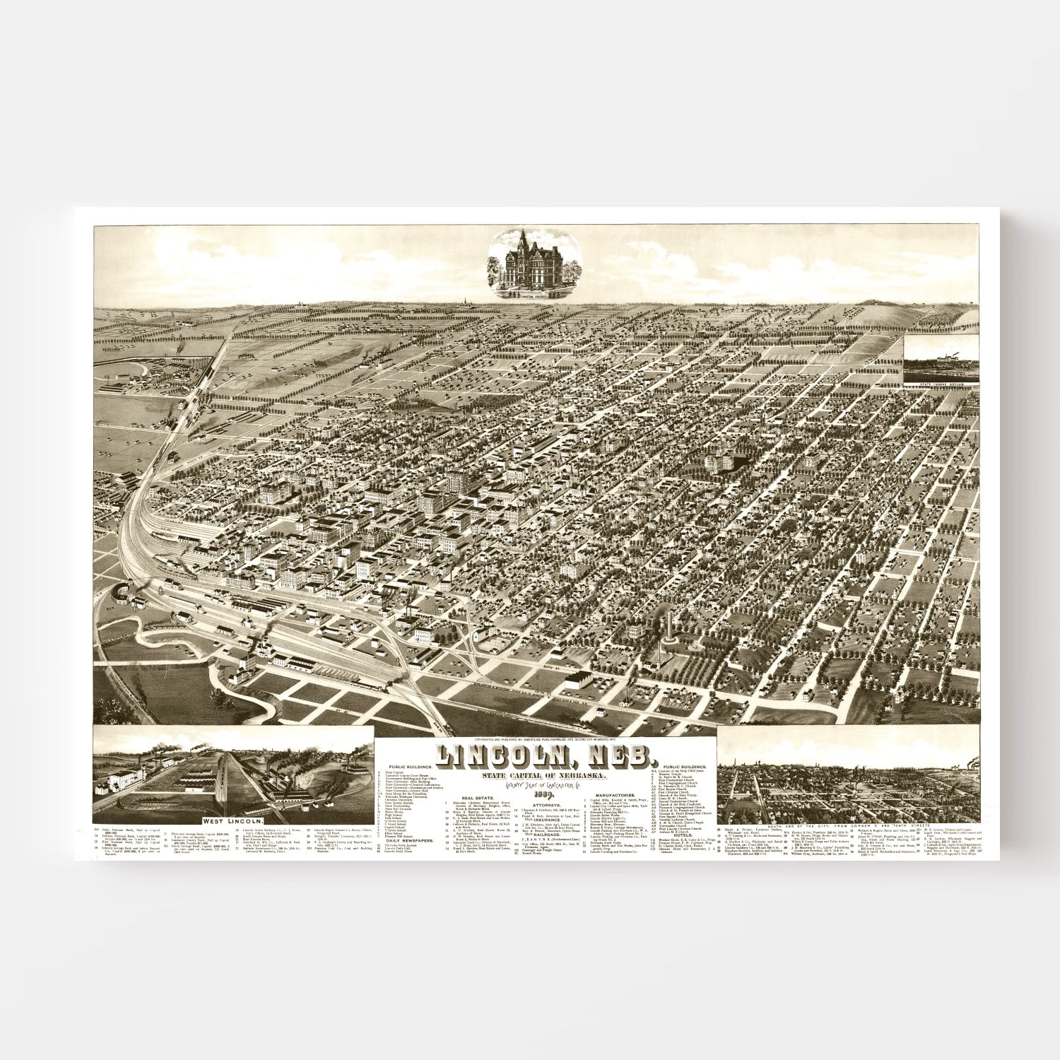 Vintage Map of Lincoln, Nebraska 1889 -Not available at Minden location-