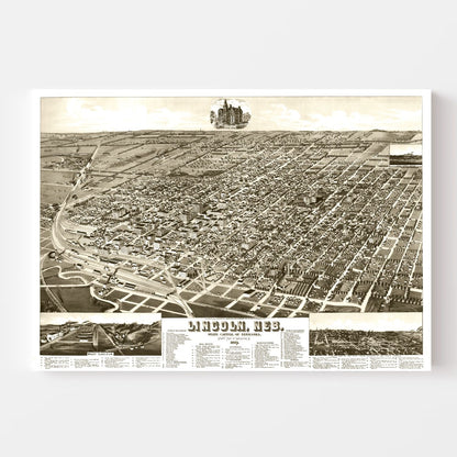 Vintage Map of Lincoln, Nebraska 1889 -Not available at Minden location-