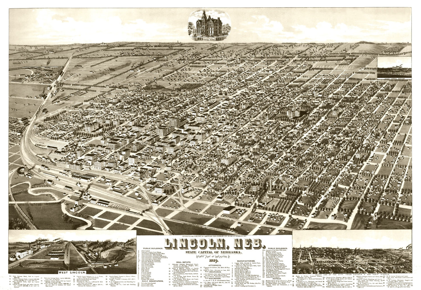 Vintage Map of Lincoln, Nebraska 1889 -Not available at Minden location-