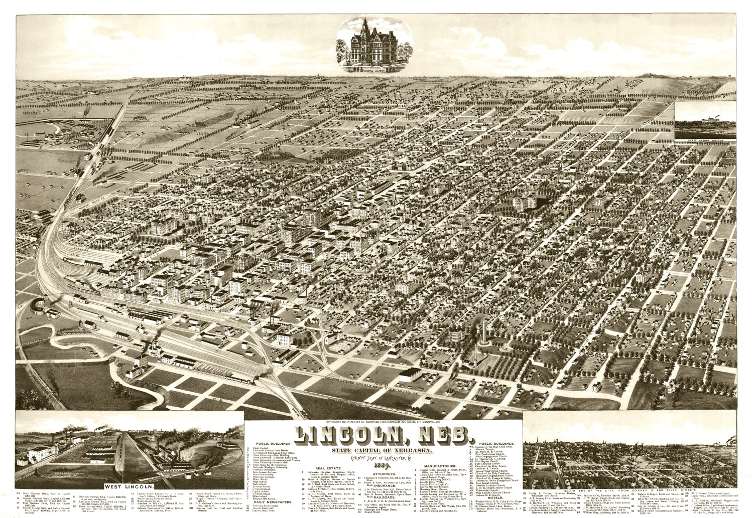 Vintage Map of Lincoln, Nebraska 1889 -Not available at Minden location-
