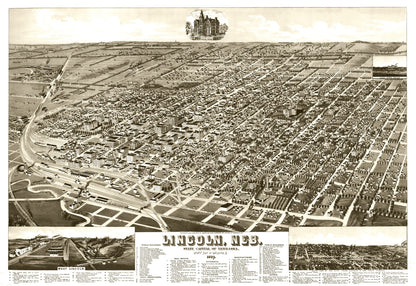 Vintage Map of Lincoln, Nebraska 1889 -Not available at Minden location-
