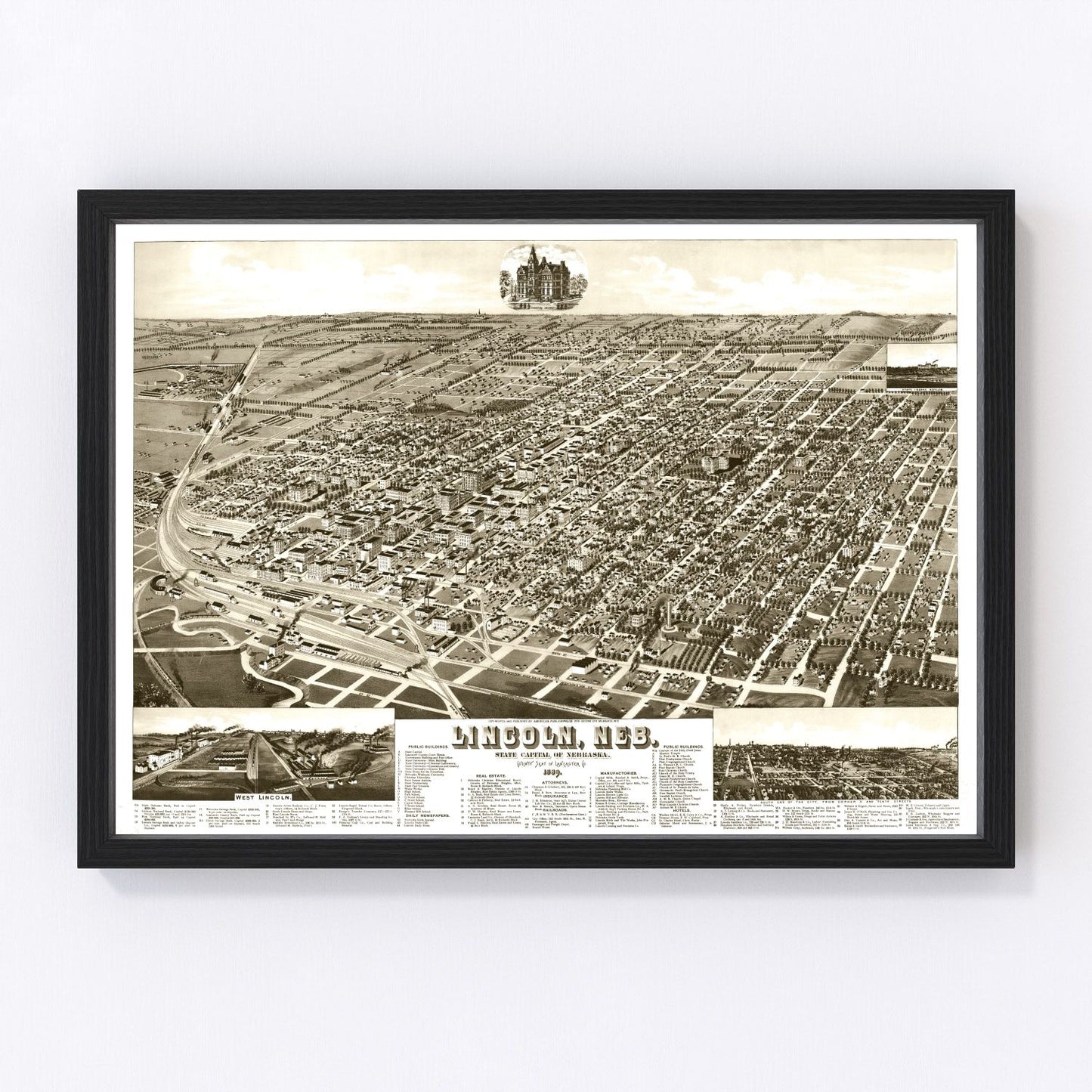Vintage Map of Lincoln, Nebraska 1889 -Not available at Minden location-