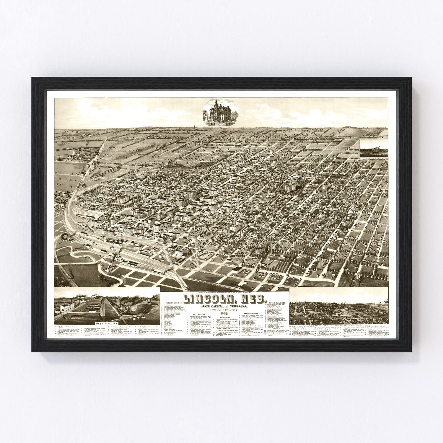 Vintage Map of Lincoln, Nebraska 1889 -Not available at Minden location-