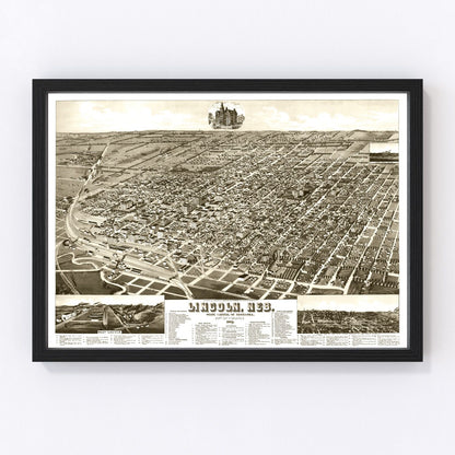 Vintage Map of Lincoln, Nebraska 1889 -Not available at Minden location-