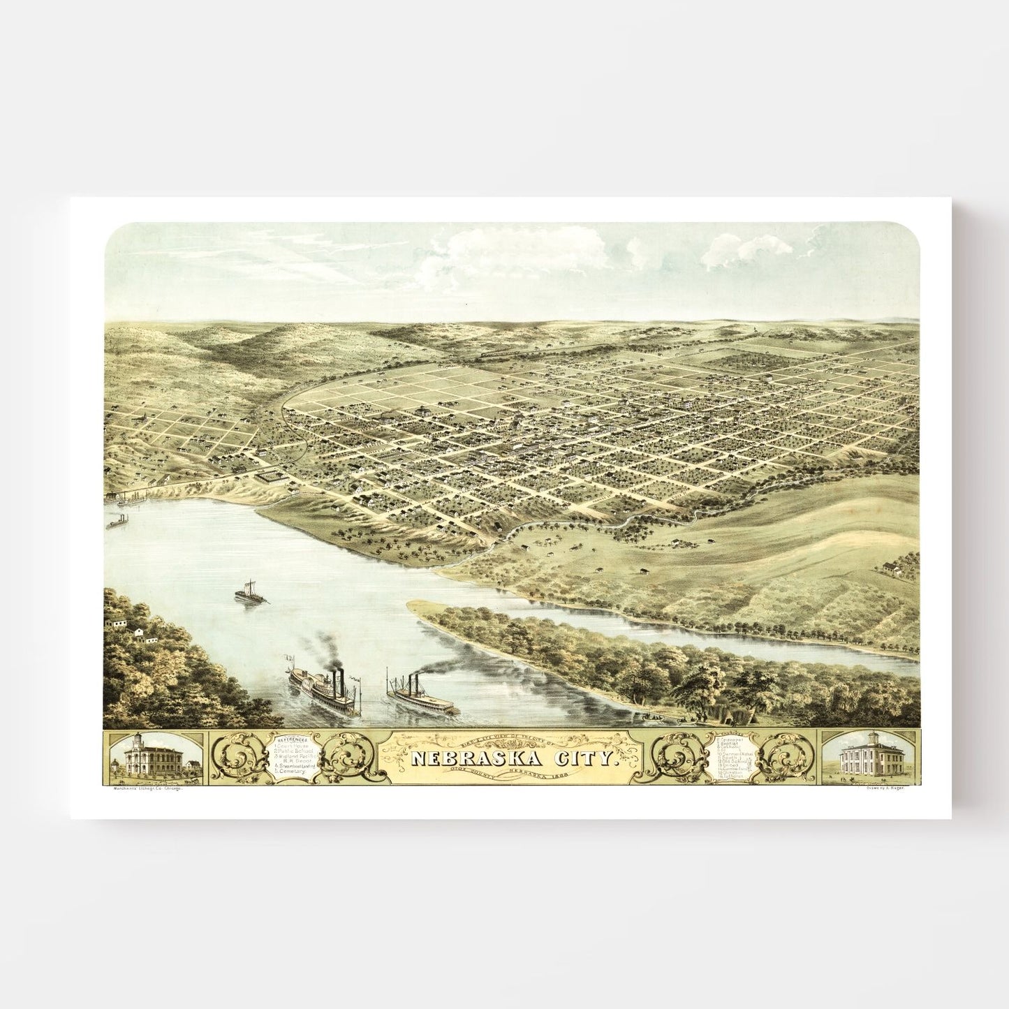 Vintage Map of Nebraska City, Nebraska 1868 -Not available at Minden location-