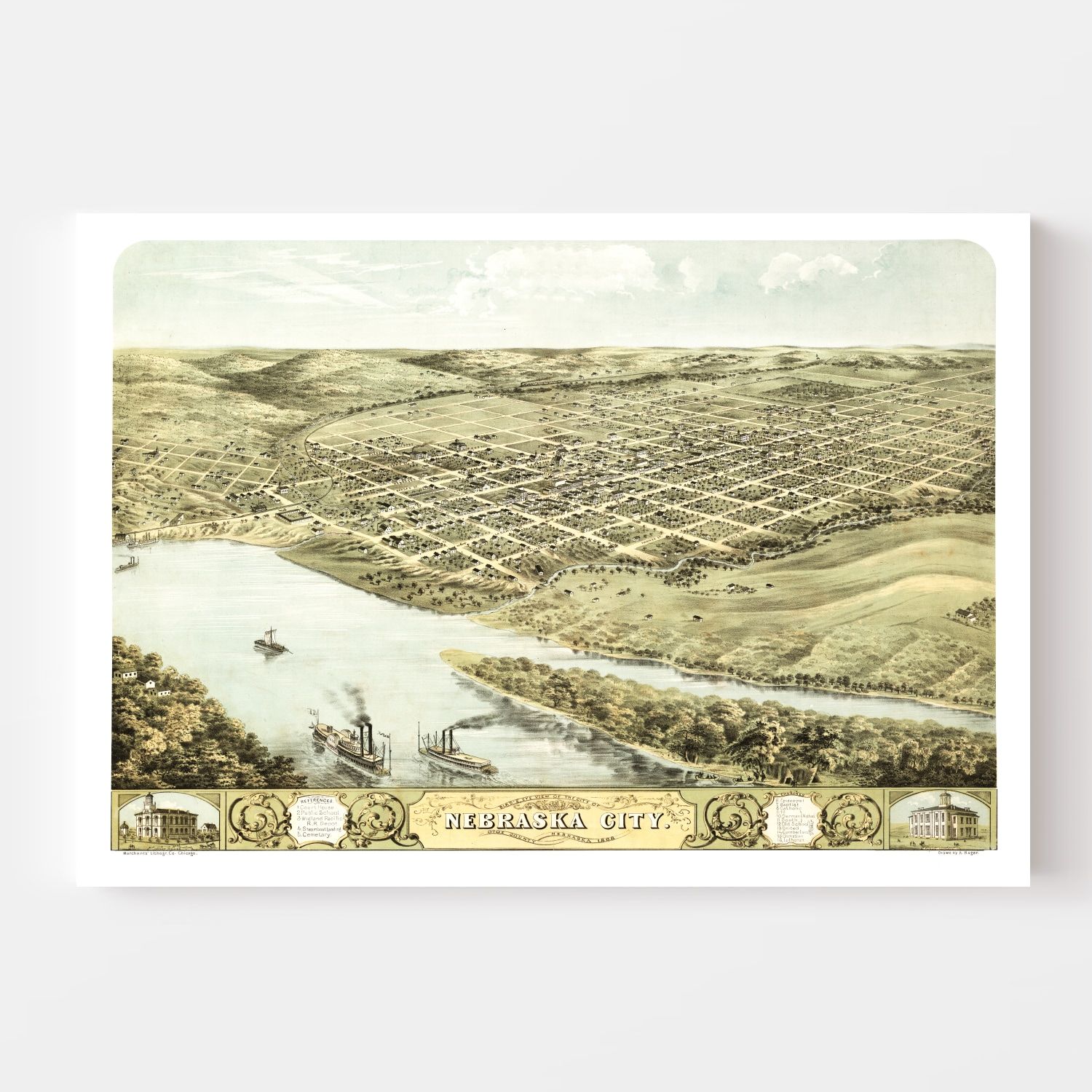 Vintage Map of Nebraska City, Nebraska 1868 -Not available at Minden location-