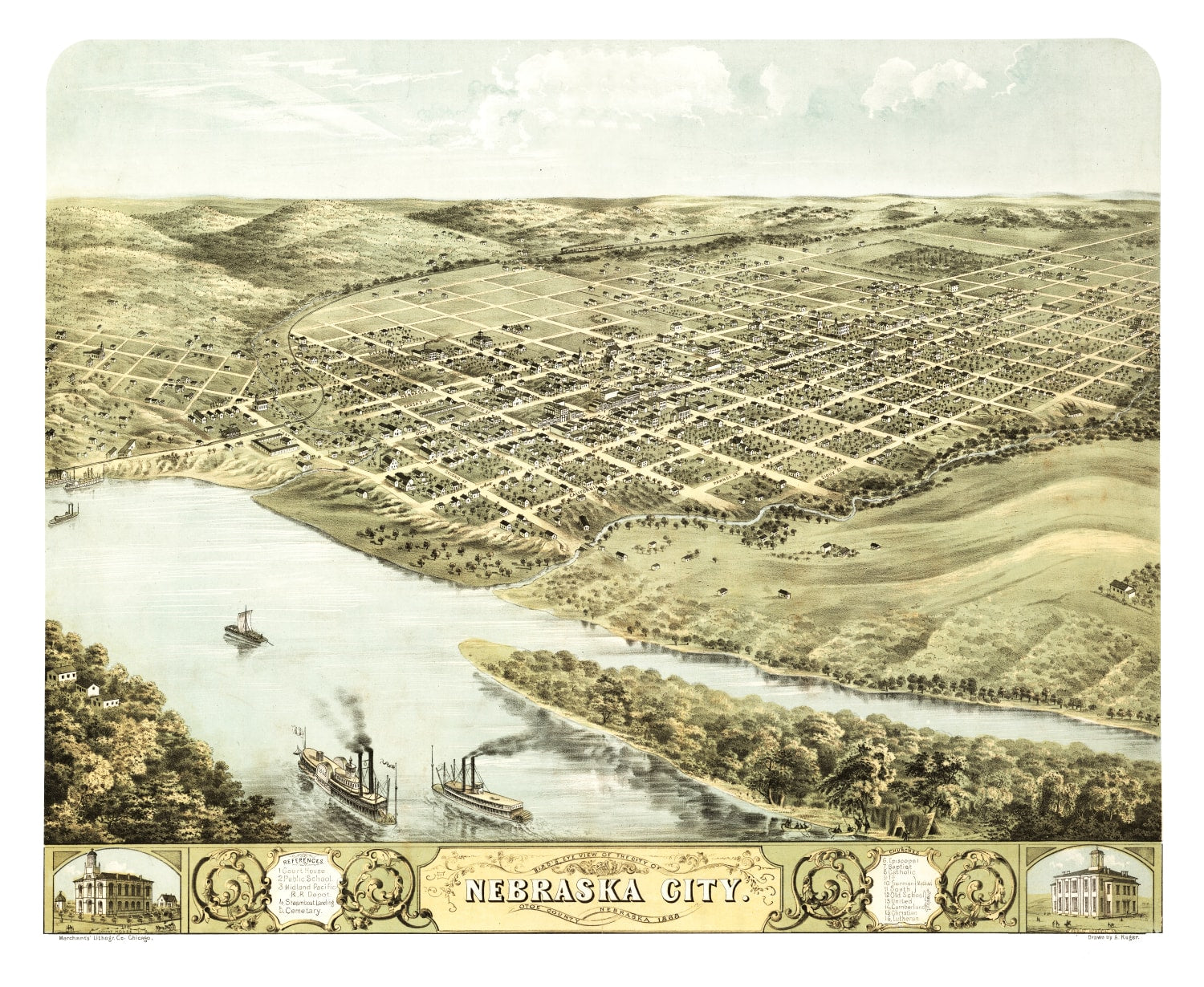 Vintage Map of Nebraska City, Nebraska 1868 -Not available at Minden location-