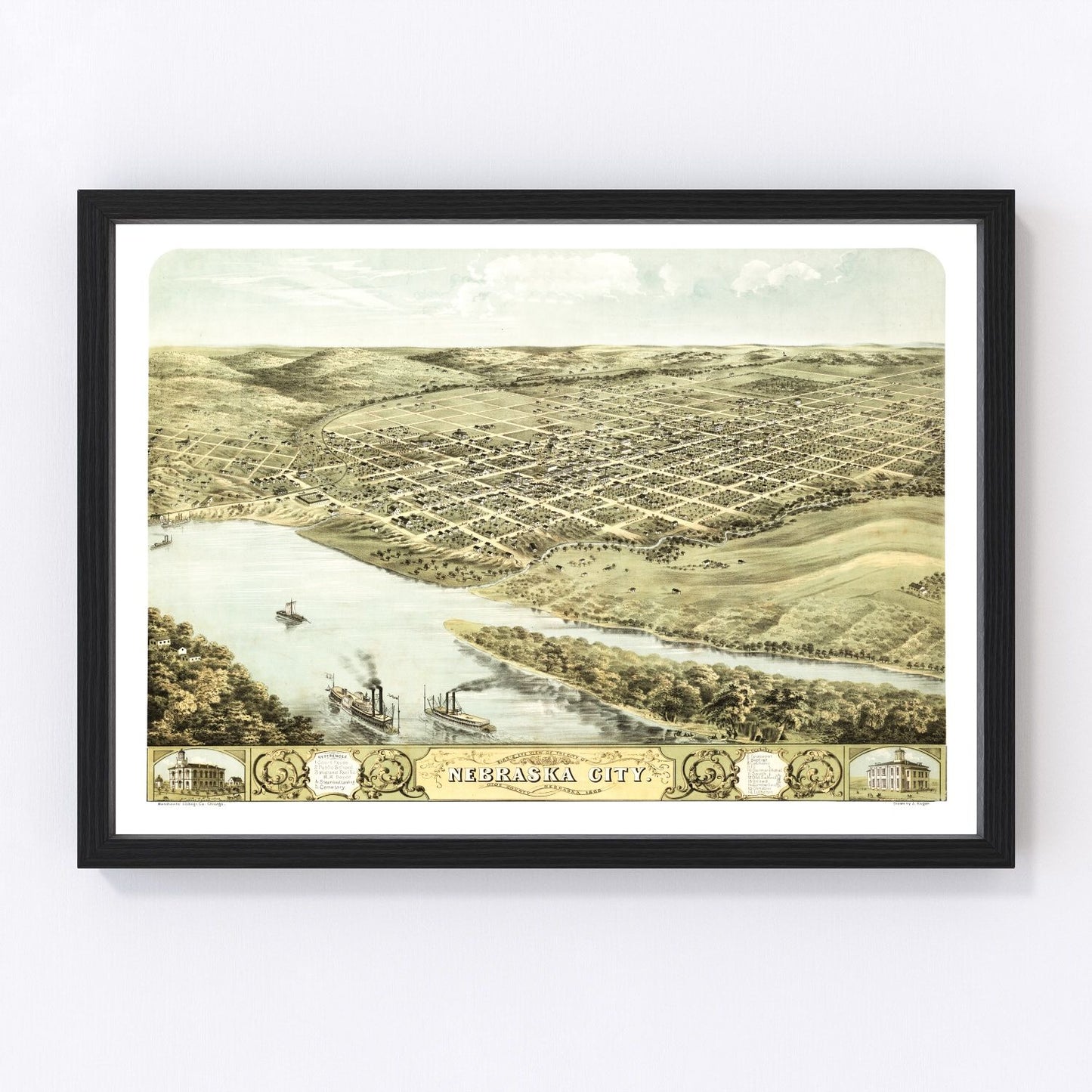 Vintage Map of Nebraska City, Nebraska 1868 -Not available at Minden location-