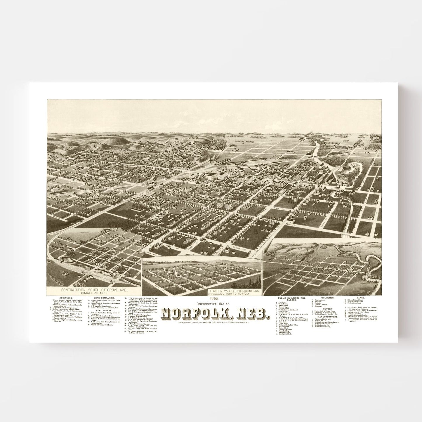 Vintage Map of Norfolk, Nebraska 1889 -Not available at Minden location-