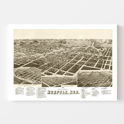Vintage Map of Norfolk, Nebraska 1889 -Not available at Minden location-