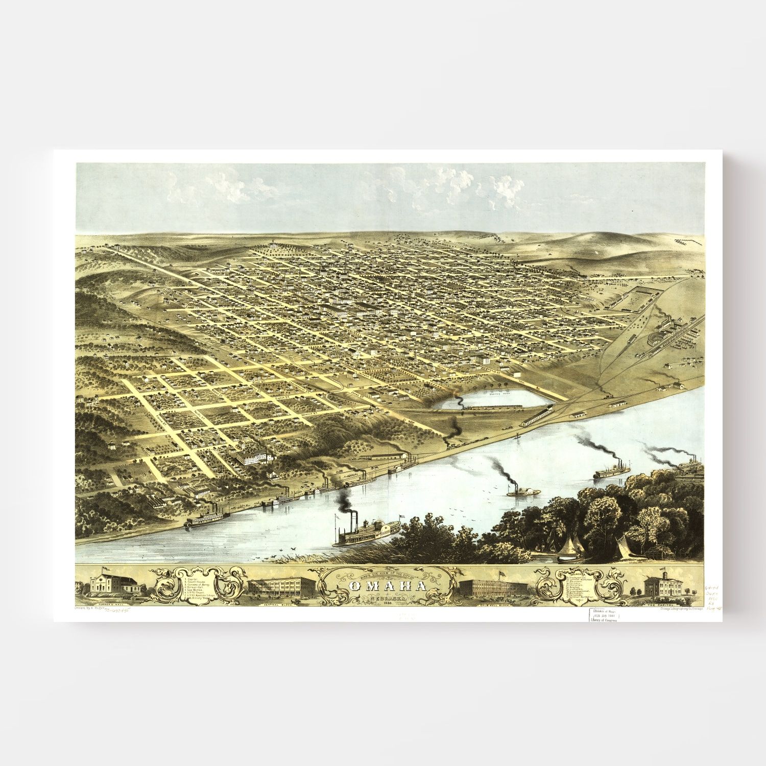 Vintage Map of Omaha, Nebraska 1868 -Not available at Minden location-