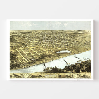 Vintage Map of Omaha, Nebraska 1868 -Not available at Minden location-