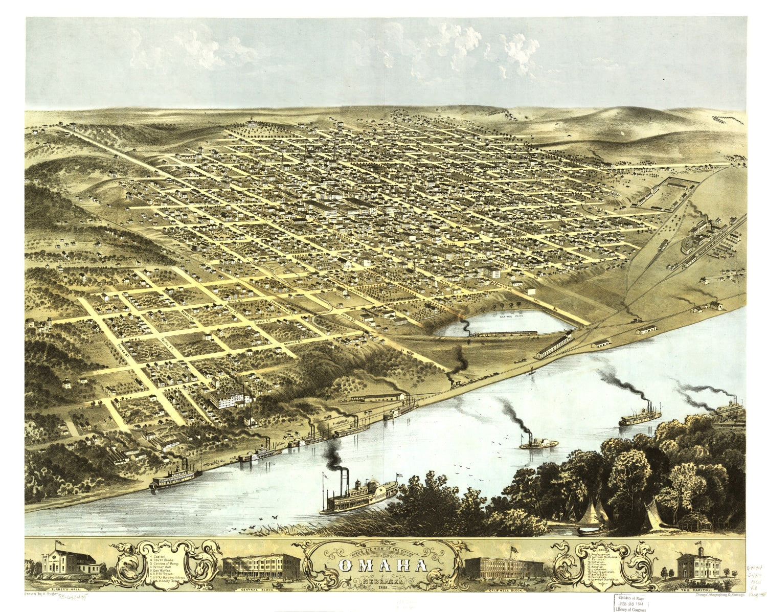 Vintage Map of Omaha, Nebraska 1868 -Not available at Minden location-
