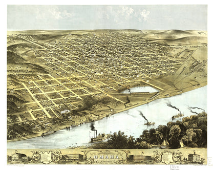 Vintage Map of Omaha, Nebraska 1868 -Not available at Minden location-