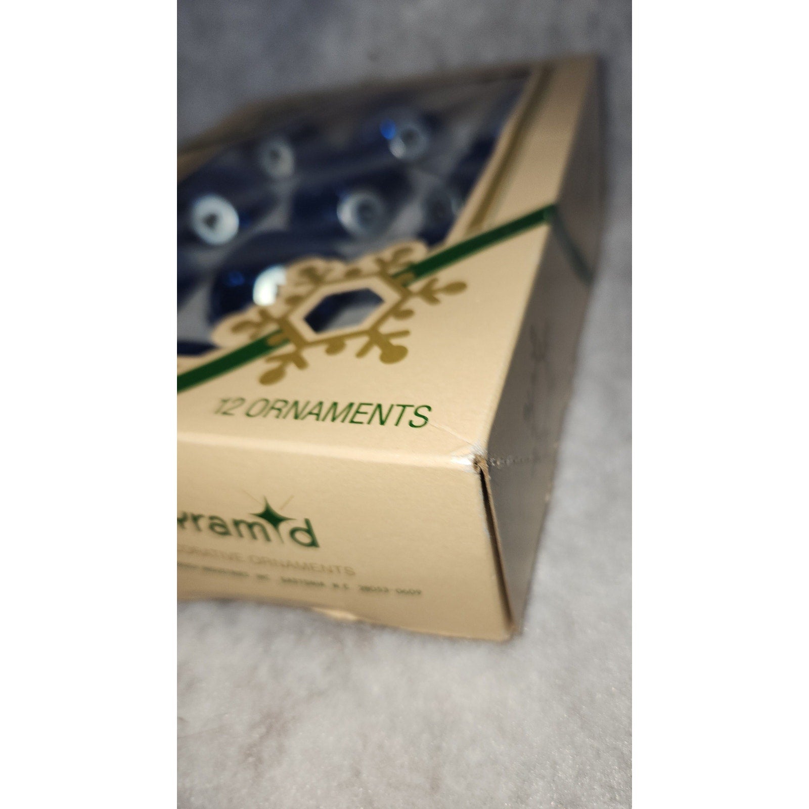 vintage box of blue Pyramid ornaments