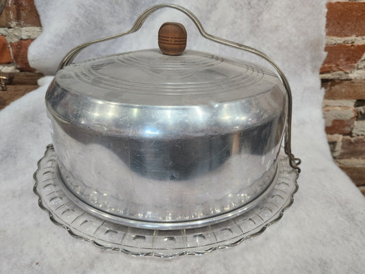 Vintage Glass Cake Plate with Aluminum Cover