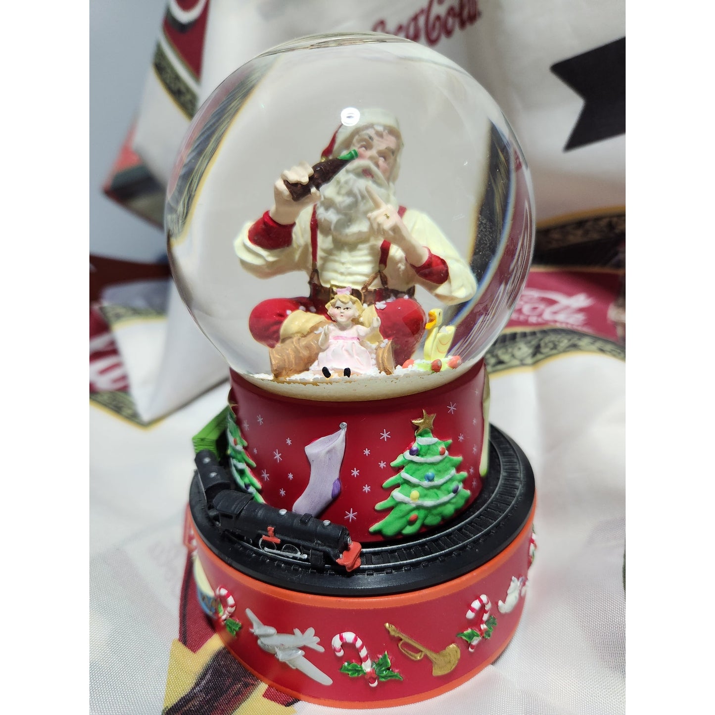 Copied - Hallmark 2001 Coca-Cola Coke Santa Christmas Musical Snow Globe Vintage Moving Train cc240