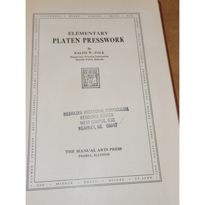 Vintage Hardcover Book Elementary Platen Presswork Ralph W. Polk 1931 Vb91