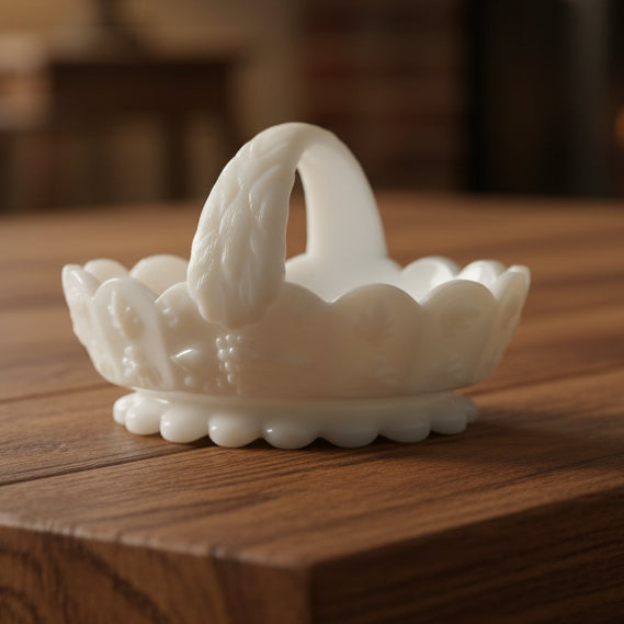 Vintage Westmoreland Paneled Grape Milk Glass Basket