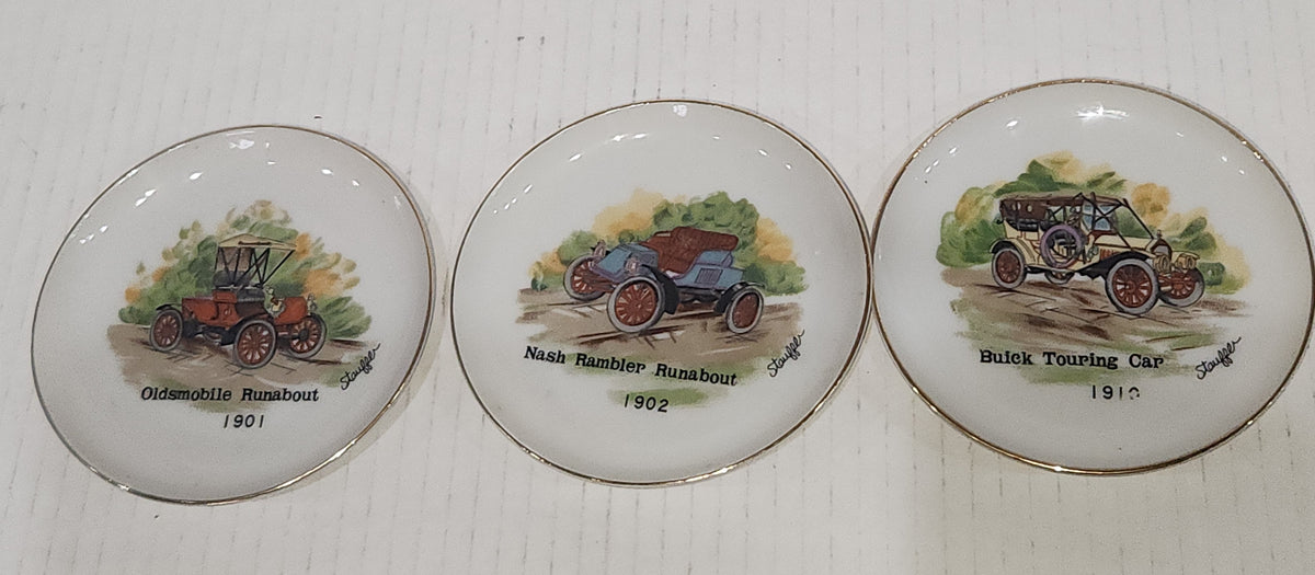 Vintage 4" Plates Set of 3 Arnart Creations Nash Rambler Runabout, Buick Touring Car, Oldsmobile Runabout Stauffer