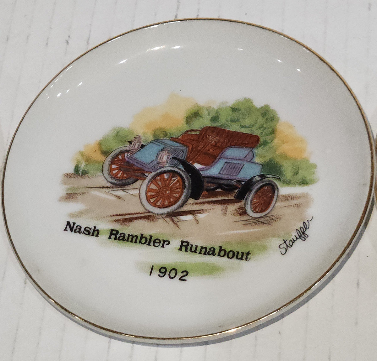 Vintage 4" Plates Set of 3 Arnart Creations Nash Rambler Runabout, Buick Touring Car, Oldsmobile Runabout Stauffer