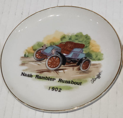 Vintage 4" Plates Set of 3 Arnart Creations Nash Rambler Runabout, Buick Touring Car, Oldsmobile Runabout Stauffer