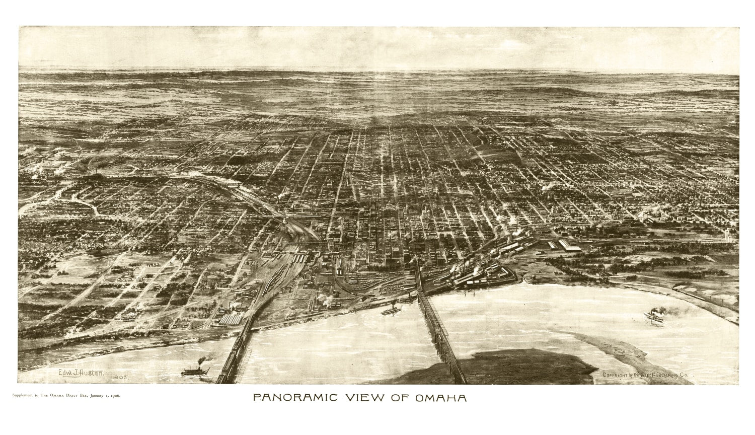 Vintage Map of Omaha, Nebraska 1906 -Not available at Minden location-