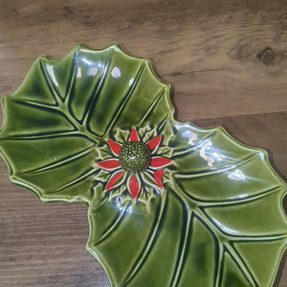 Vintage Enesco Divided Christmas Poinsettia Dish Trinket Tray