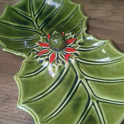 Vintage Enesco Divided Christmas Poinsettia Dish Trinket Tray