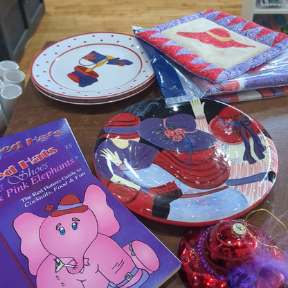 Red Hat Society Lot Ornament, Books, Pot Holder, Tablecloth